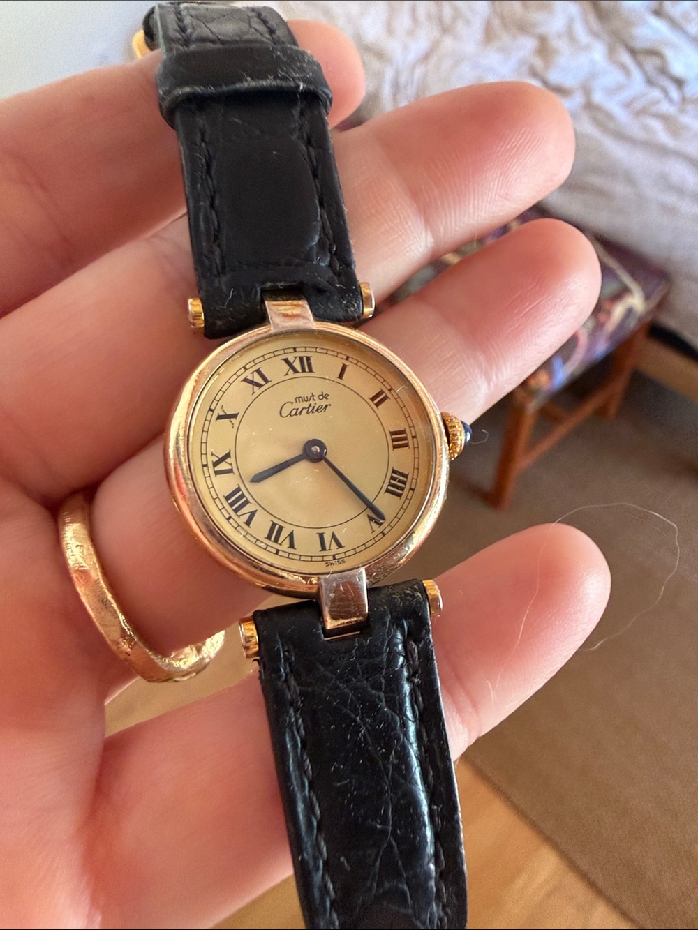 Cartier Gold-Tone Round Watch with Black Leather Strap - Picture 2 of 6